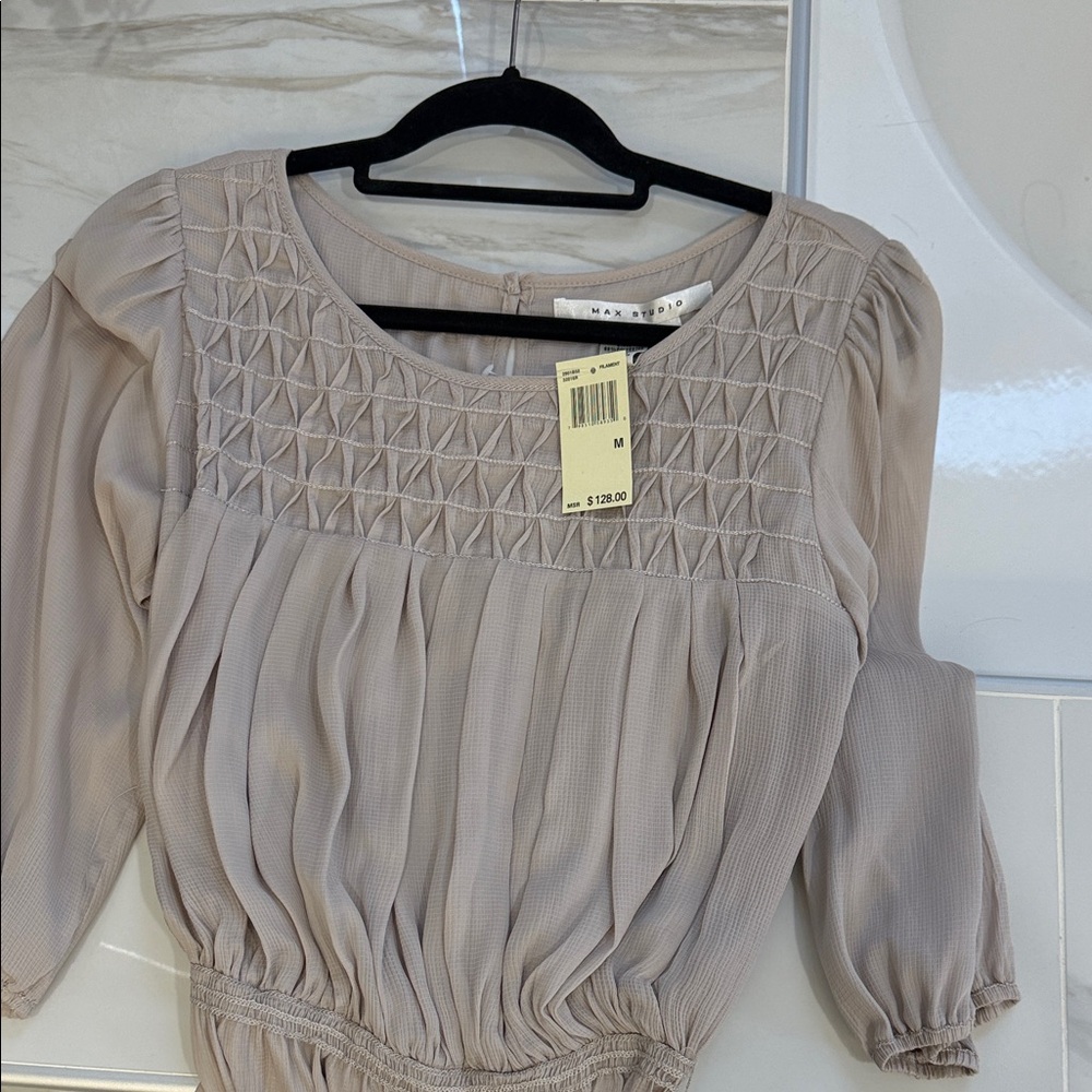 Max Studio Taupe Blouse with Textured Yoke